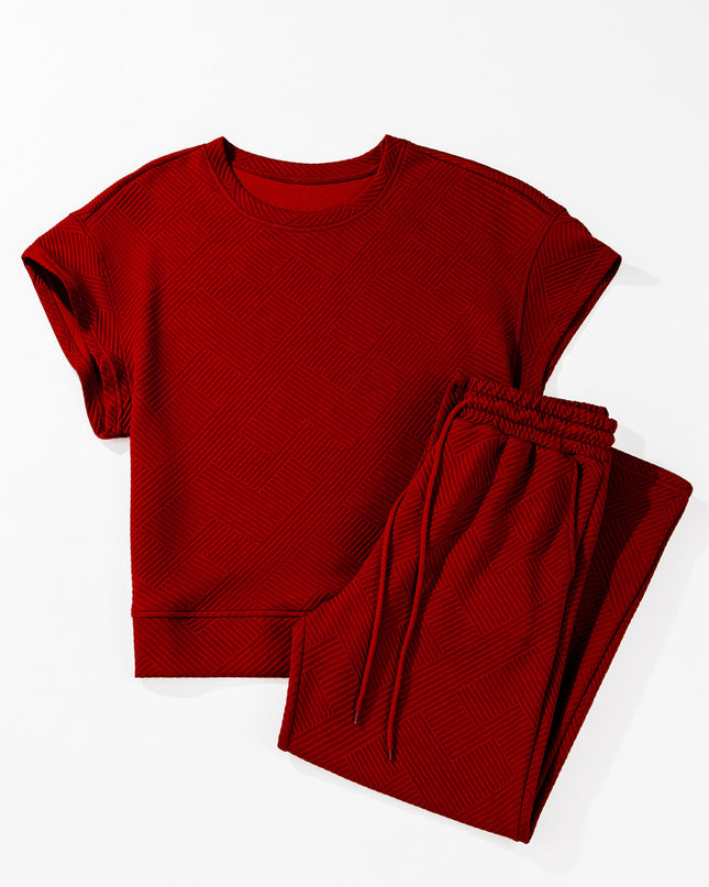 Black Textured Loose Fit T Shirt and Drawstring Pants Set