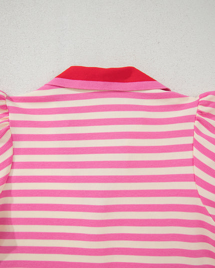 Green Striped Ruffle Short Sleeve Pop of Color Neckline Dress