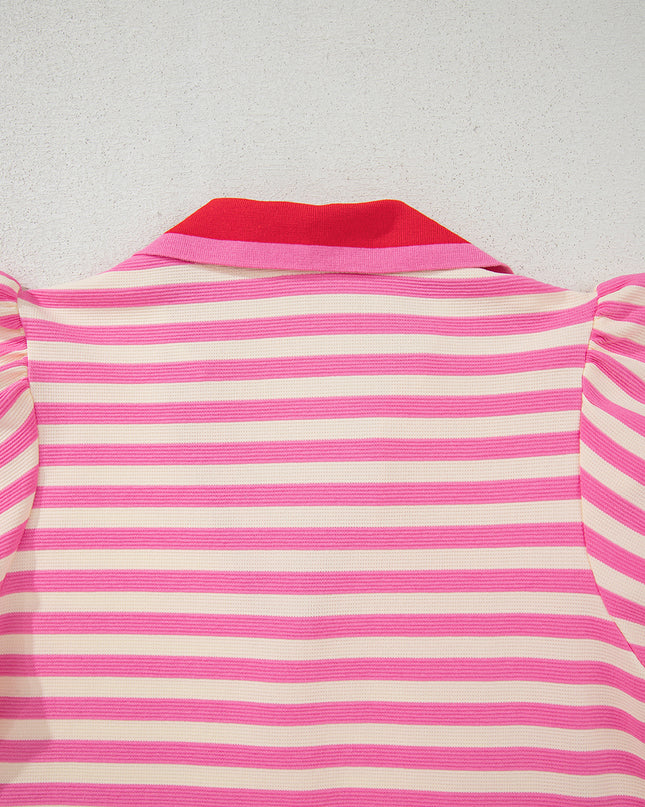 Green Striped Ruffle Short Sleeve Pop of Color Neckline Dress