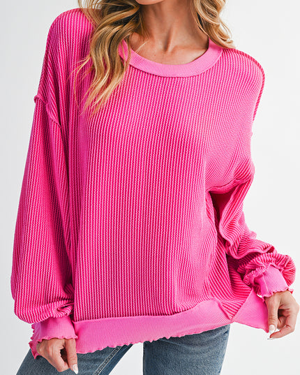 Strawberry Pink Twisted Ribbed Seamed Patchwork Long Sleeve Top
