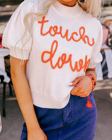 White Touchdown Puff Sleeve Sweater – Game Day Football Graphic Top
