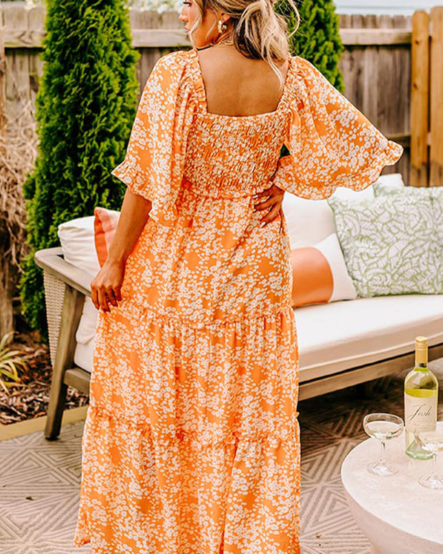 Orange Floral Print Smocked V Neck Bell Sleeve Maxi Dress