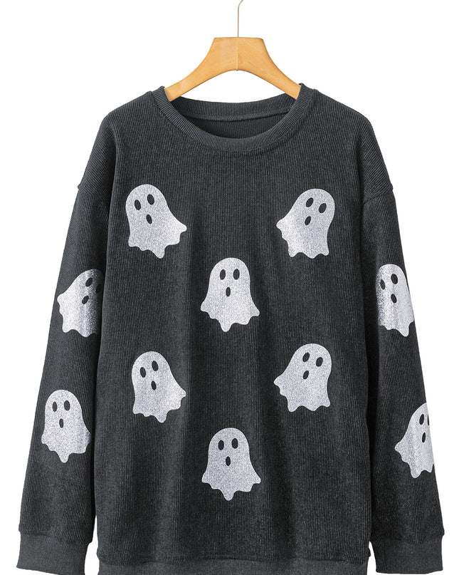 Pink Halloween Ghost Corded Crew Neck Loose Sweatshirt