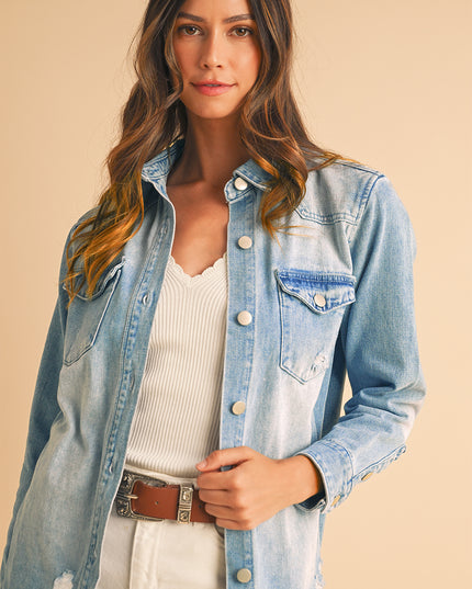 Beau Blue Light Wash Distressed Frayed Long Denim Jacket