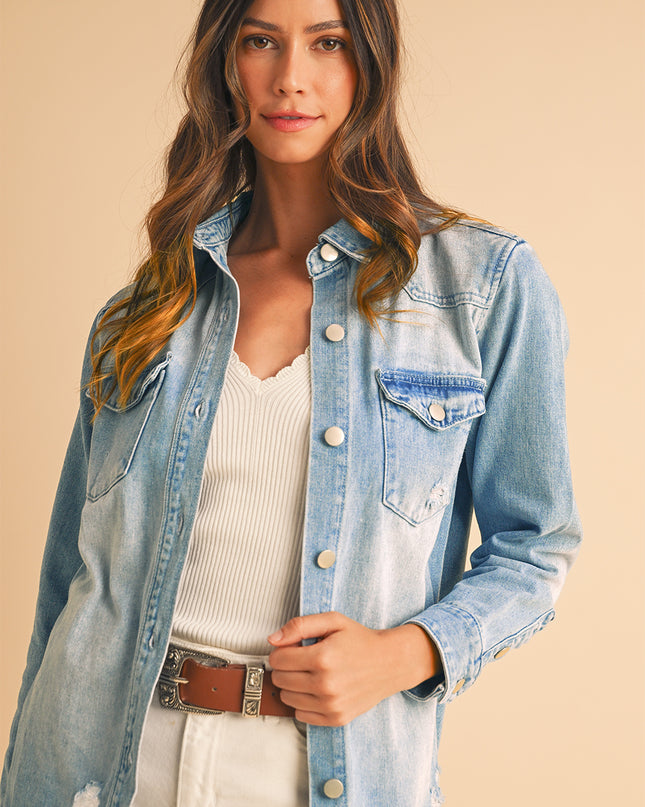Beau Blue Light Wash Distressed Frayed Long Denim Jacket