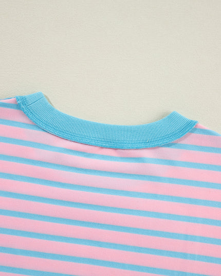 Pink Stripe Contrast Trim High Low Tunic Sweatshirt
