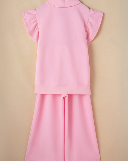 Beau Blue Textured Ruffle Sleeve Zipped Top and Wide Leg Pants Set