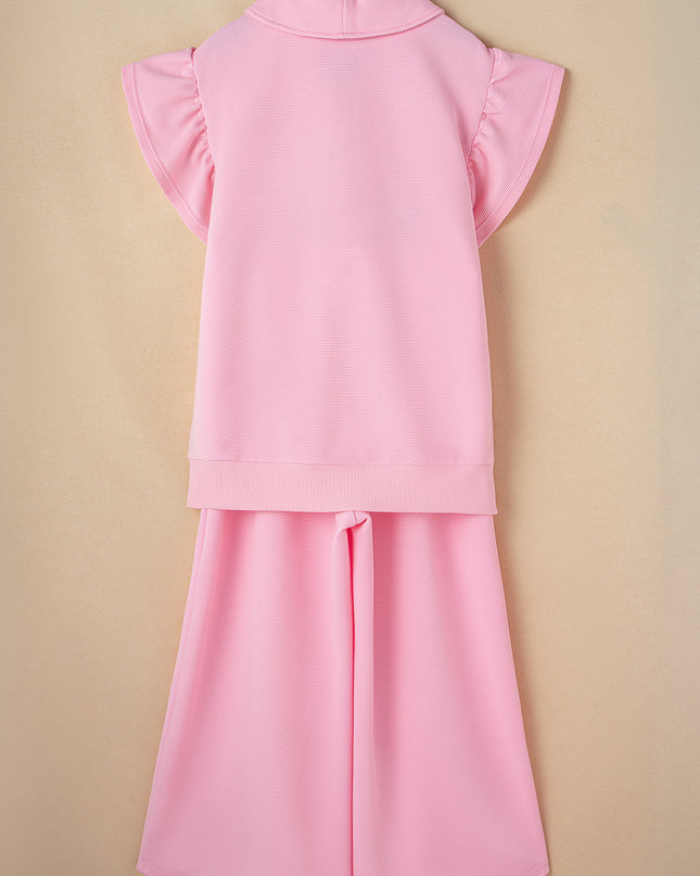 Beau Blue Textured Ruffle Sleeve Zipped Top and Wide Leg Pants Set