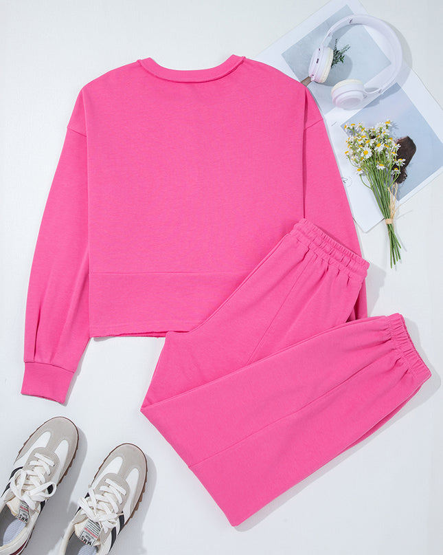 Bright Pink Raw Edge Henley Pullover and Jogger Pants Set