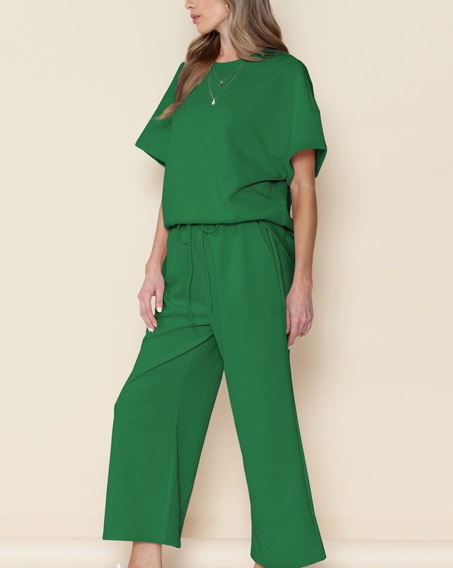 Black Textured Loose Fit T Shirt and Drawstring Pants Set
