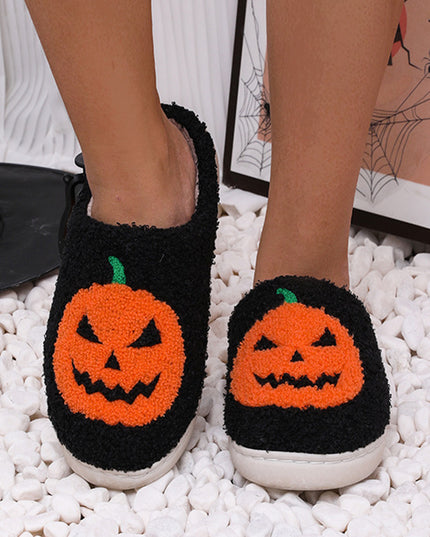 White Halloween Pumpkin Print Plush Slippers