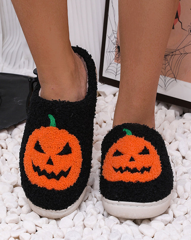 White Halloween Pumpkin Print Plush Slippers