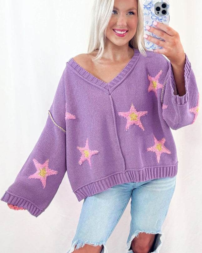 Lavendula Brushed Star Graphic V Neck Drop Shoulder Oversize Sweater