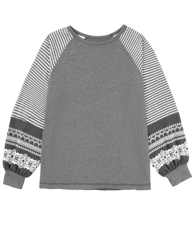 Rose Red Contrast Print Striped Raglan Long Sleeve Loose Top