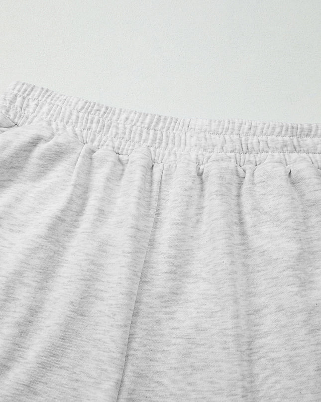 Light Grey Bow Embroidery Long Sleeve Pullover and High Waist Shorts Set