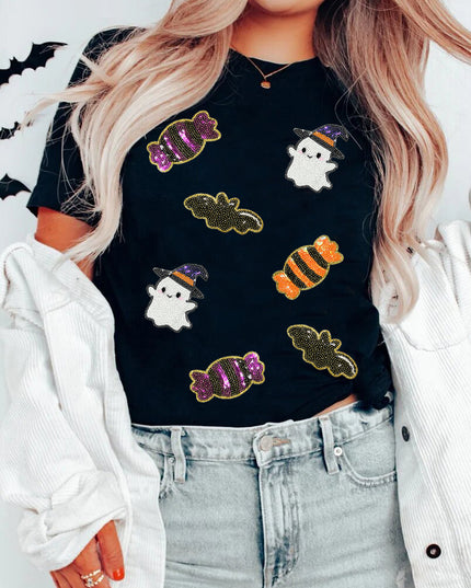 Black Sequined Halloween Spirit Pattern Patched Custom Casual Tee