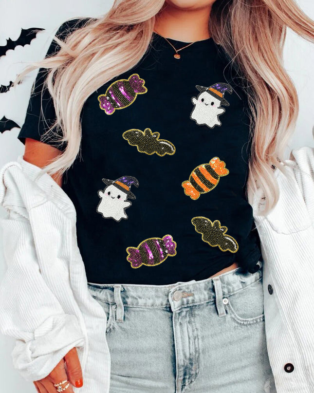Black Sequined Halloween Spirit Pattern Patched Custom Casual Tee