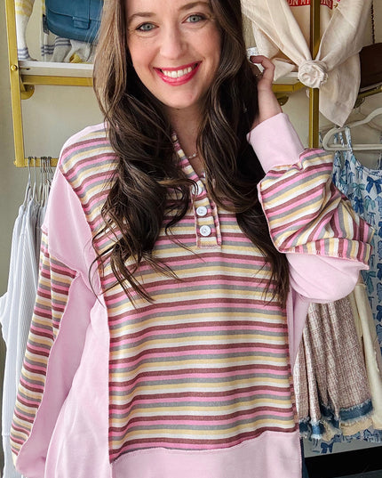 Pink Striped Patchwork Button V Neck Pullover Sweatshirt
