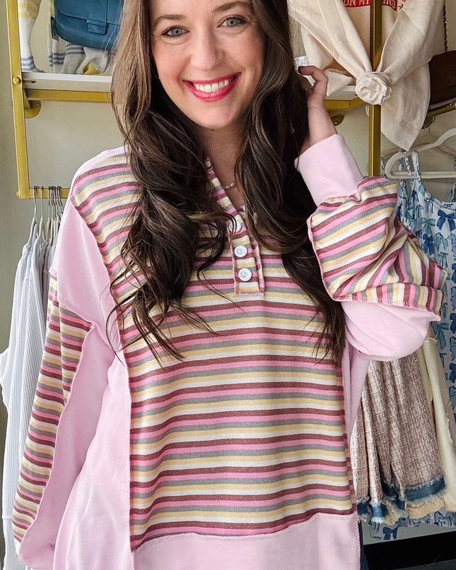Pink Striped Patchwork Button V Neck Pullover Sweatshirt