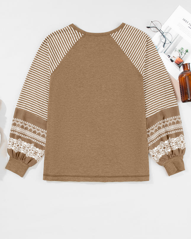Rose Red Contrast Print Striped Raglan Long Sleeve Loose Top