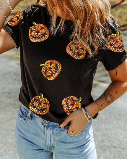 Black Halloween Sequin Pumpkin Face Graphic T Shirt