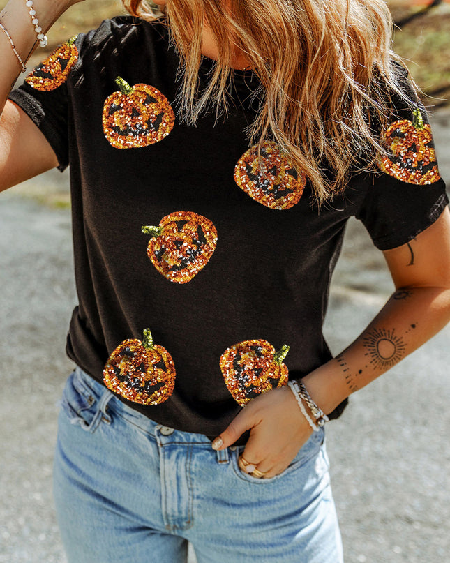 Black Halloween Sequin Pumpkin Face Graphic T Shirt