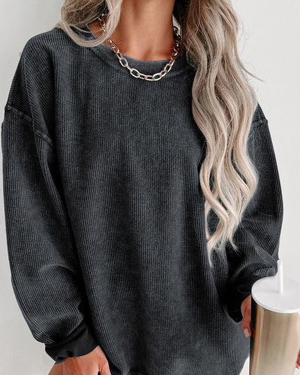 Green Ribbed Round Neck Drop Sleeve Pullover Sweatshirt