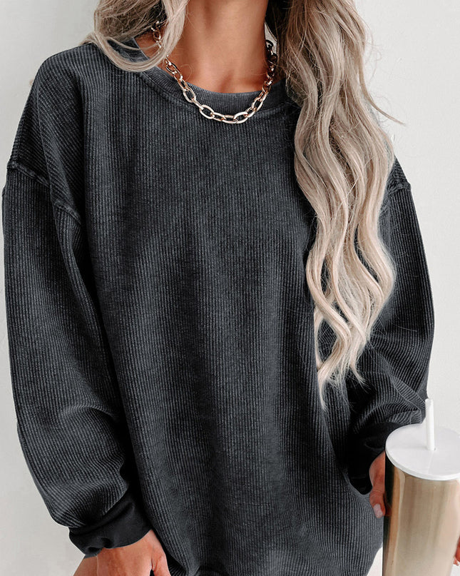 Green Ribbed Round Neck Drop Sleeve Pullover Sweatshirt