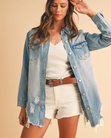 Beau Blue Light Wash Distressed Frayed Long Denim Jacket