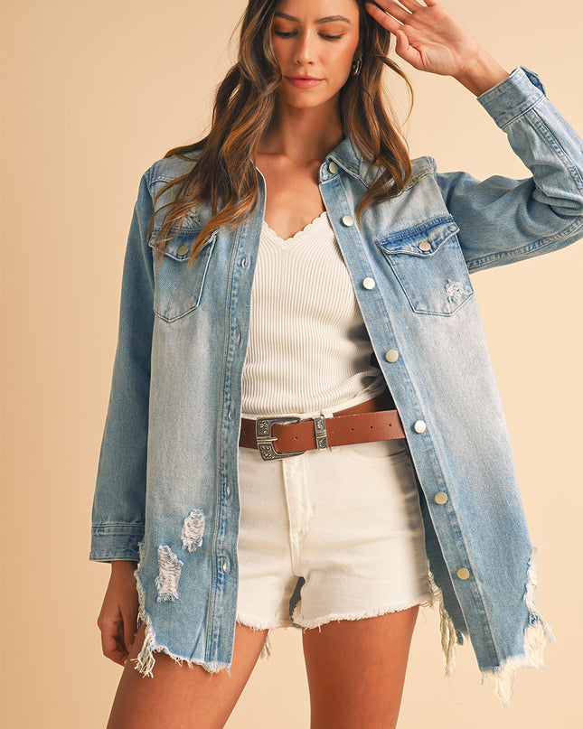 Beau Blue Light Wash Distressed Frayed Long Denim Jacket