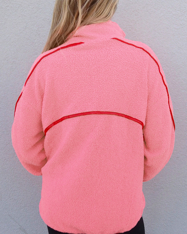 Strawberry Pink Long Sleeve Kangaroo Pocket Sweatshirt