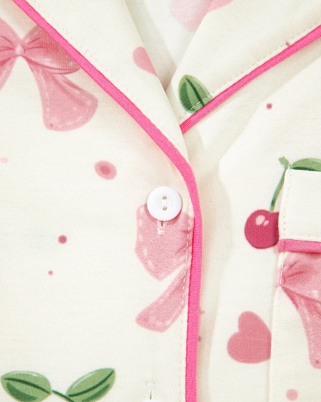 Pink Polka Dot and Bow Print Ruffle Hem Shorts Pajama Set