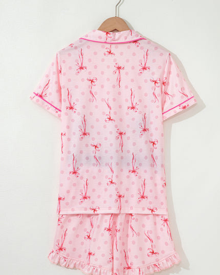 Pink Polka Dot and Bow Print Ruffle Hem Shorts Pajama Set