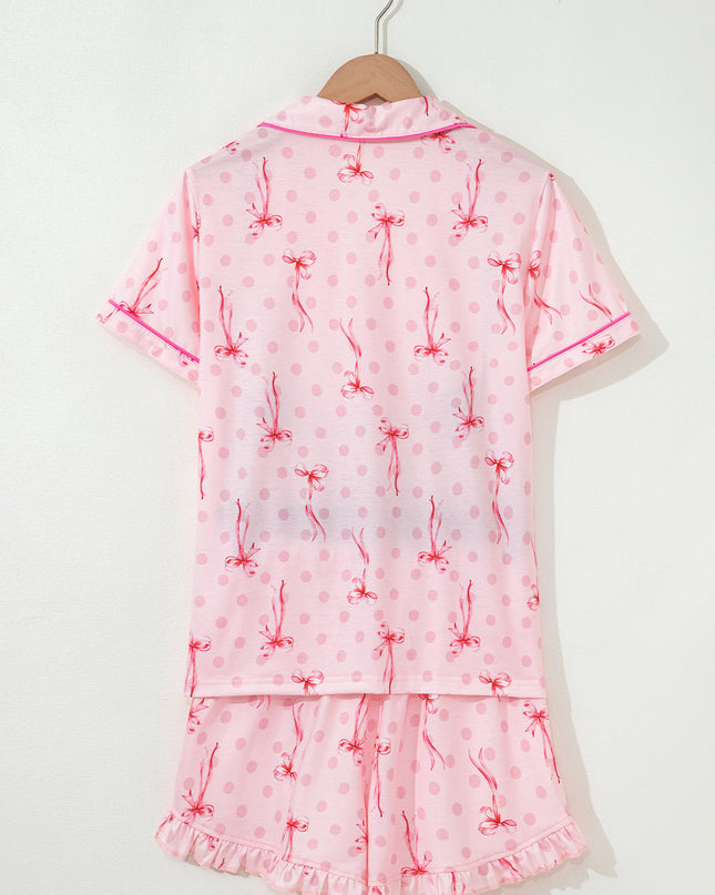 Pink Polka Dot and Bow Print Ruffle Hem Shorts Pajama Set
