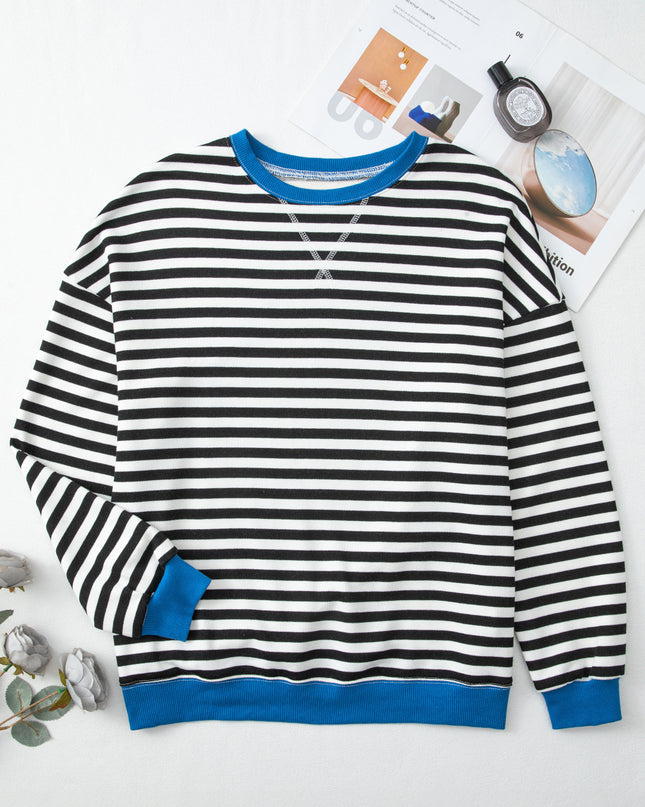 Blue Striped Contrast Trim Drop Shoulder Sweatshirt