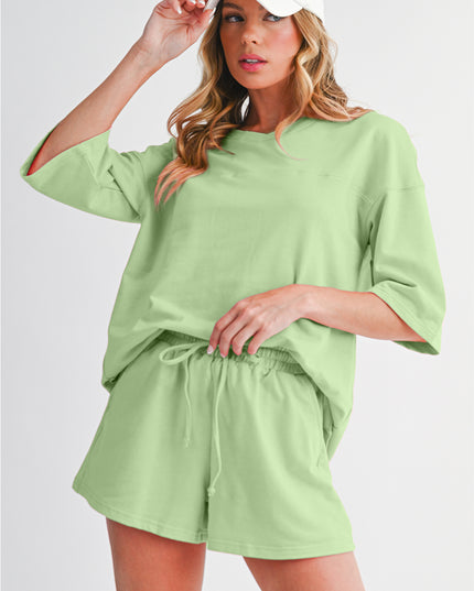 Bonbon Loose V Neck Tee and Drawstring Shorts Set
