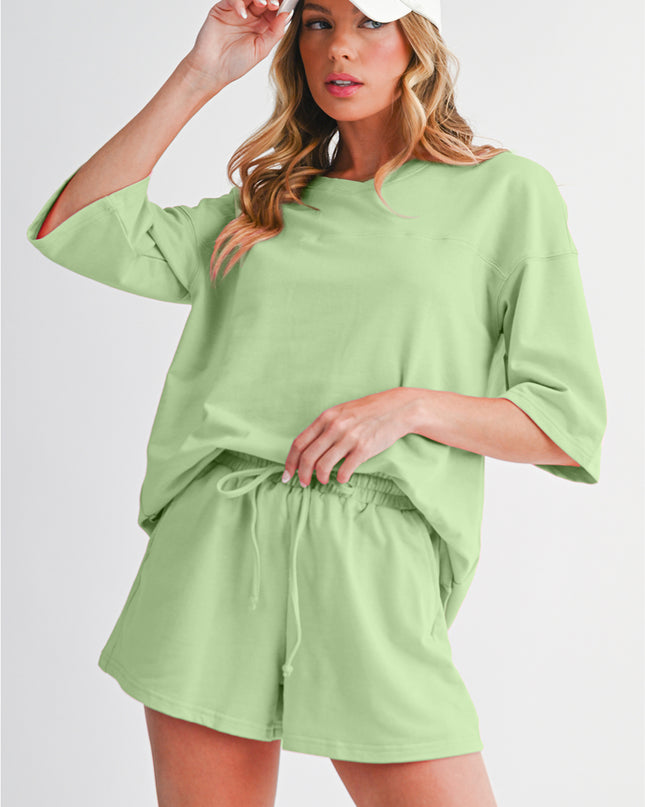 Bonbon Loose V Neck Tee and Drawstring Shorts Set
