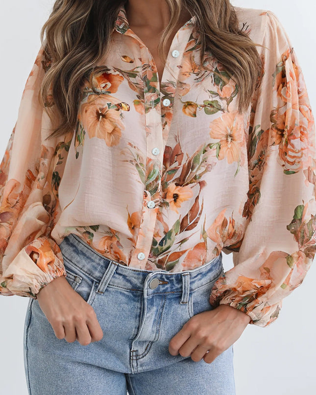 Orange Floral Puff Sleeve Lightweight Shirt