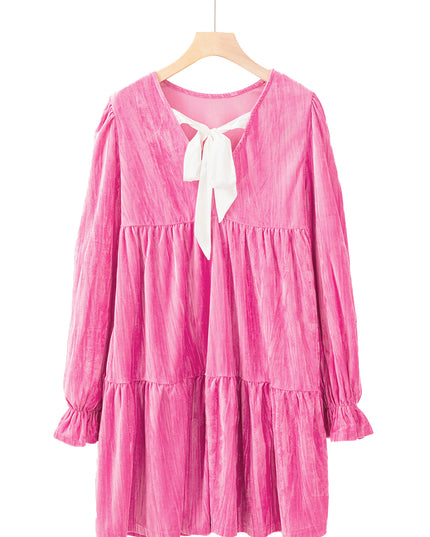 Strawberry Pink Flounce Sleeve Tiered Ruffled Velvet Mini Dress
