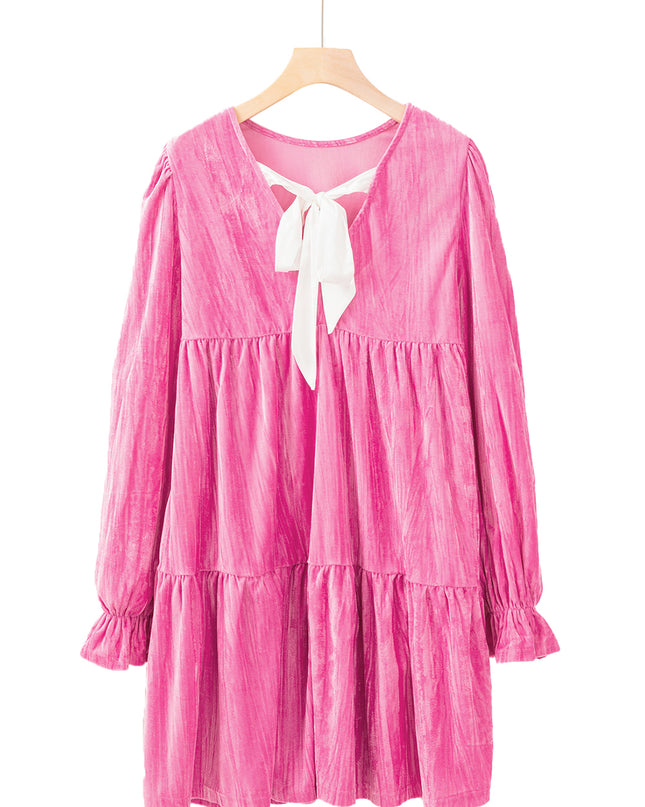 Strawberry Pink Flounce Sleeve Tiered Ruffled Velvet Mini Dress