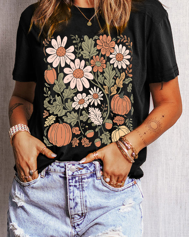 Black Wild Flower Pumpkin Print T Shirt
