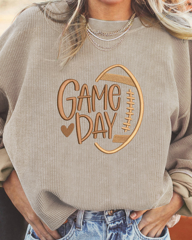 Smoke Gray Twisted Rib Texture game day Rugby Embroidered Baggy Sweatshirt