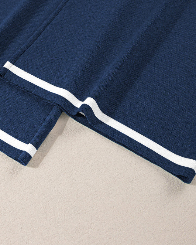 Navy Blue Loose Contrast Trim Half Sleeve Top and Drawstring Pants Set