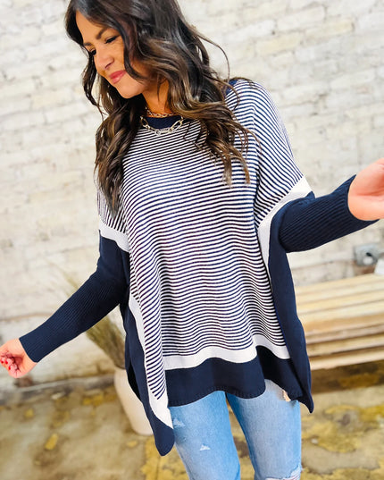 Blue Striped Colorblock Patchwork Dolman Oversize Tunic Sweater