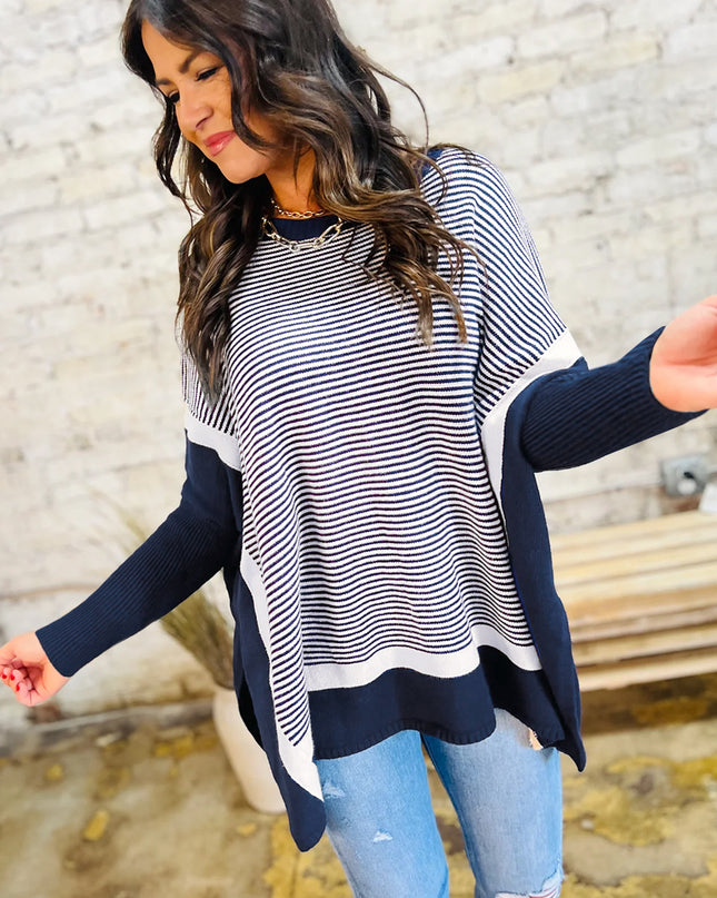 Blue Striped Colorblock Patchwork Dolman Oversize Tunic Sweater