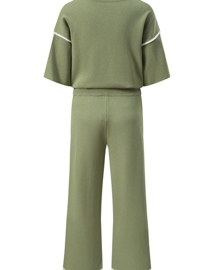 Navy Blue Loose Contrast Trim Half Sleeve Top and Drawstring Pants Set