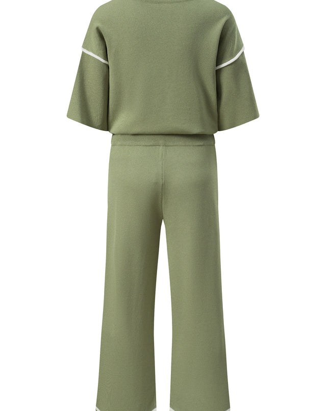 Navy Blue Loose Contrast Trim Half Sleeve Top and Drawstring Pants Set