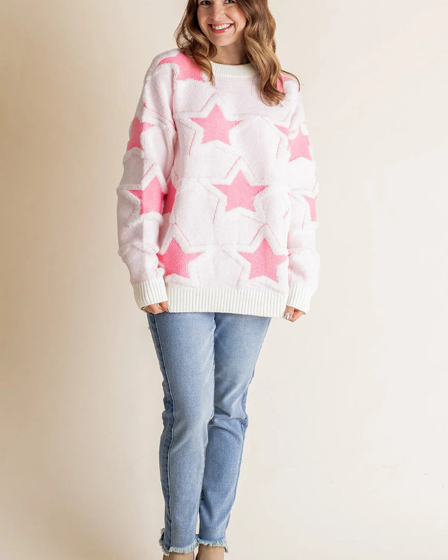 Sachet Pink Star Pattern Drop Sleeve Loose Sweater