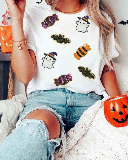 Black Sequined Halloween Spirit Pattern Patched Custom Casual Tee