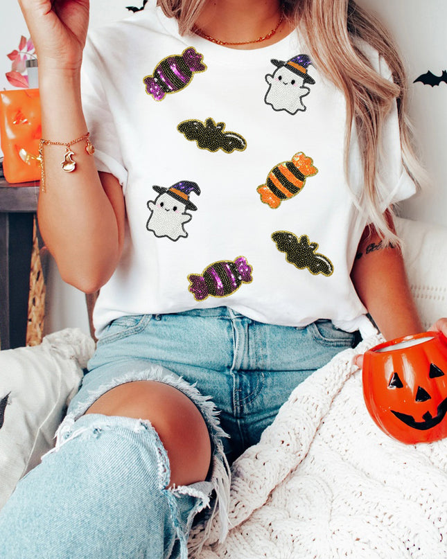 Black Sequined Halloween Spirit Pattern Patched Custom Casual Tee